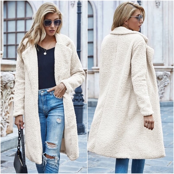 Cream long teddy jacket coat Trench Coat Casual Minimalist Oversized - Picture 2 of 3